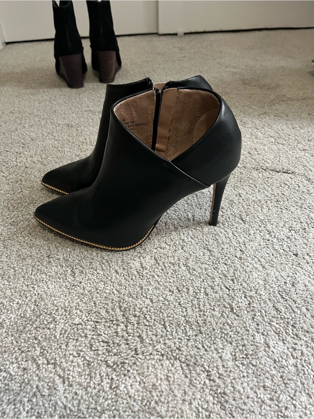 Jessica Simpson Black Pointed Toe Stiletto Ankle Booties with Gold Trim
